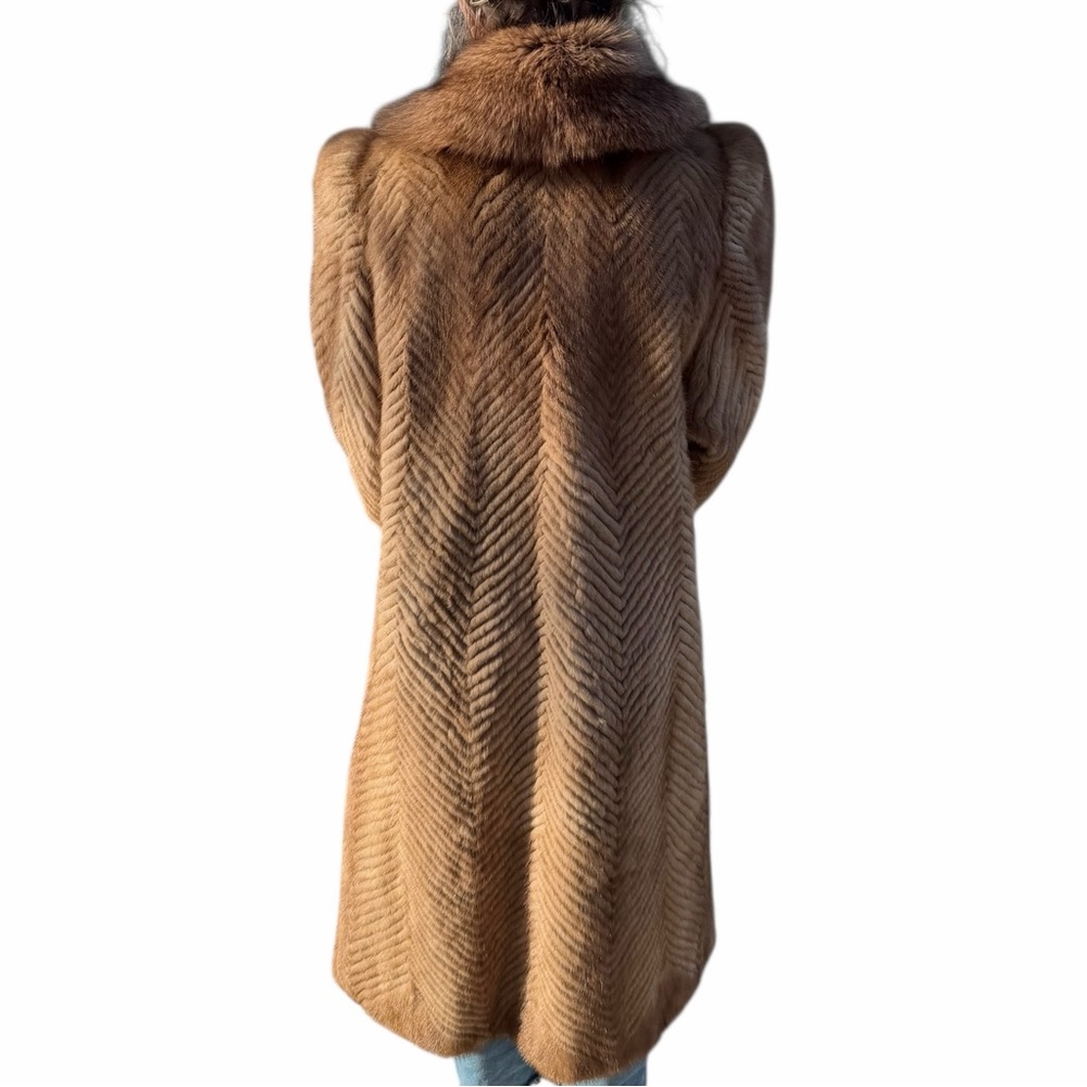 RARE Authentic SAGA Mink Fur Long Coat Camel Brown Herringbone SAGA Fox Trim M - Picture 2 of 14
